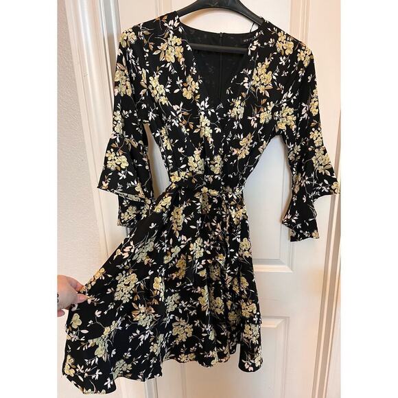 QED London NWT flare  black & tan floral print dress. Sz 14. UK and 10 US Lined. - Picture 8 of 14